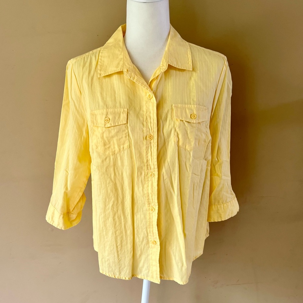Karen Scott Petites Large Petite PL Yellow Button Down Shirt Top 3/4 Sleeves